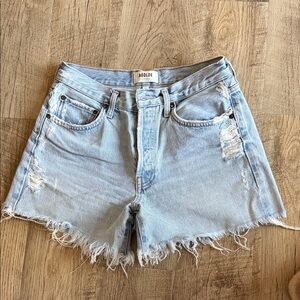 Agolde Light Blue Frayed Hem Jean Shorts